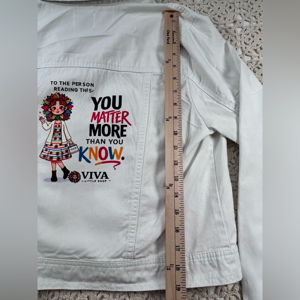 Custom White Denim Jacket “You Matter More Than You Know” Graphic size youth L - Picture 8 of 11